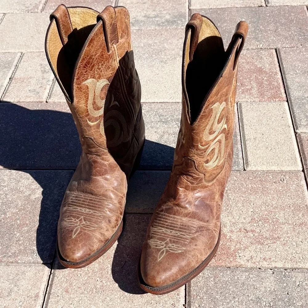 Justin Bent Rail Cowgirl Boots Cognac Tan Leather Mid-Calf Western - Picture 2 of 9